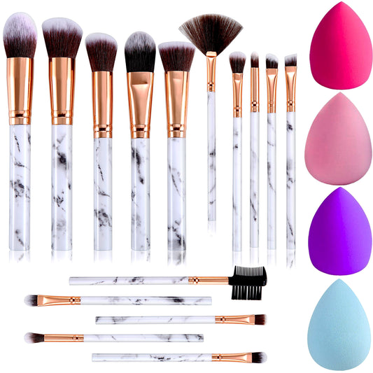 Makeup Brushes 15PCS Marble Makeup Brush Set Blush Foundation Concealer Eyeshadow Brushes with 4 Makeup Sponge - Valentine'S Day, Xmas Gift